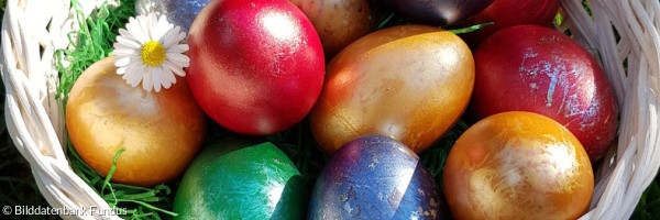 Ostereier im Korb von schräg oben